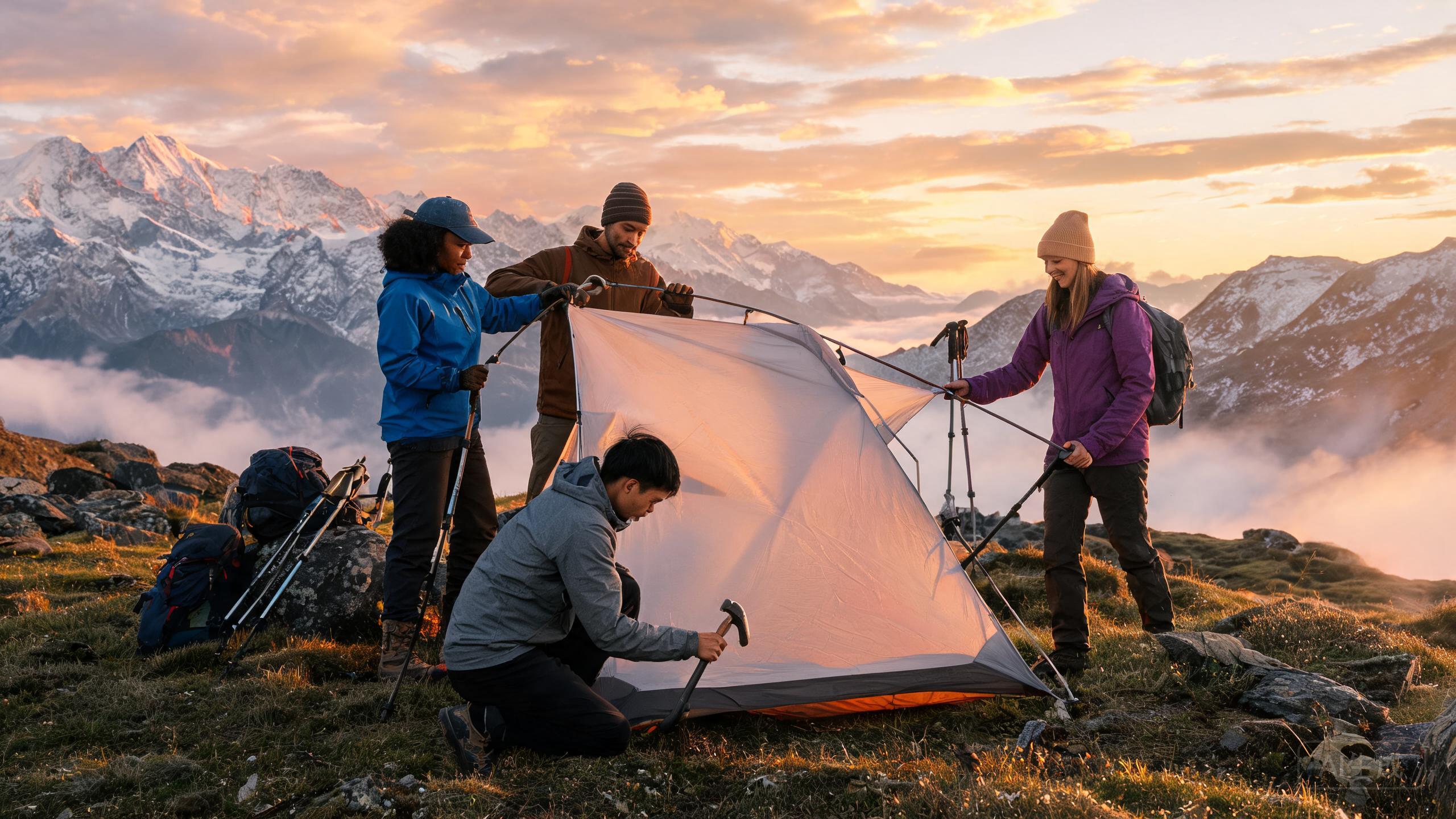 BeaconHerm team setting up tents at a mountain basecamp