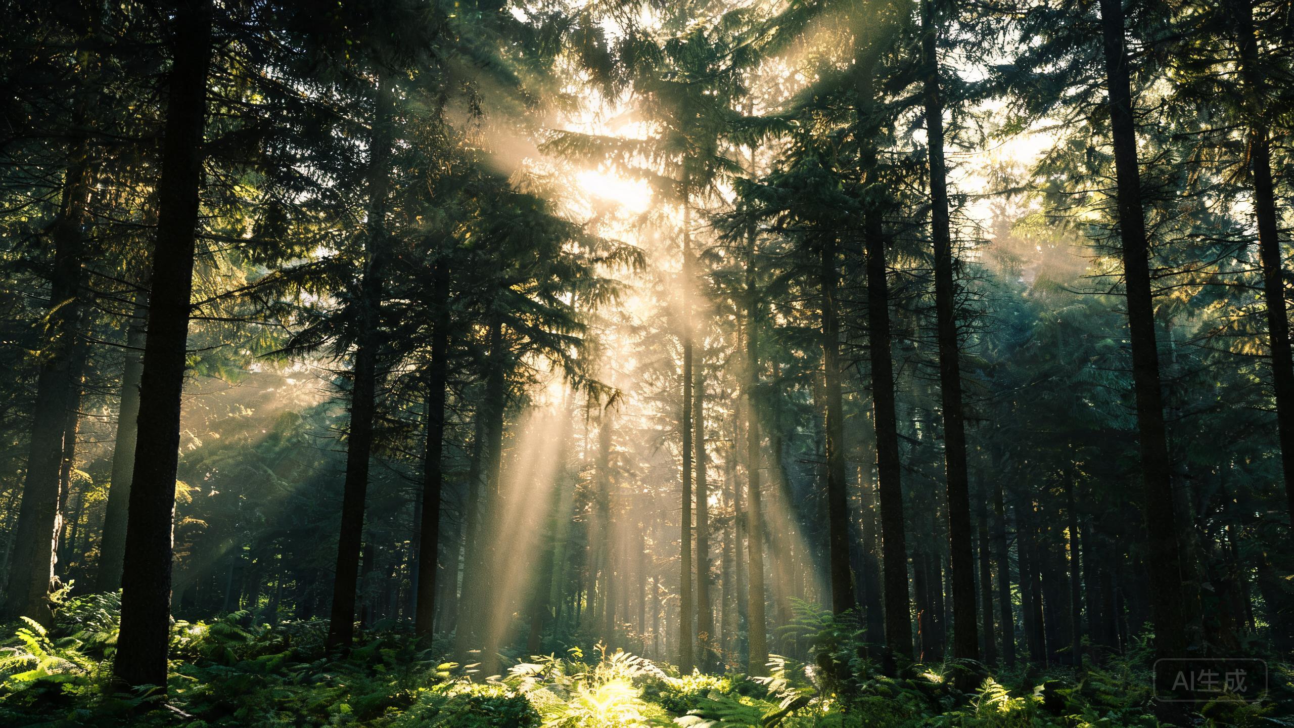 Sunlight through pine forest